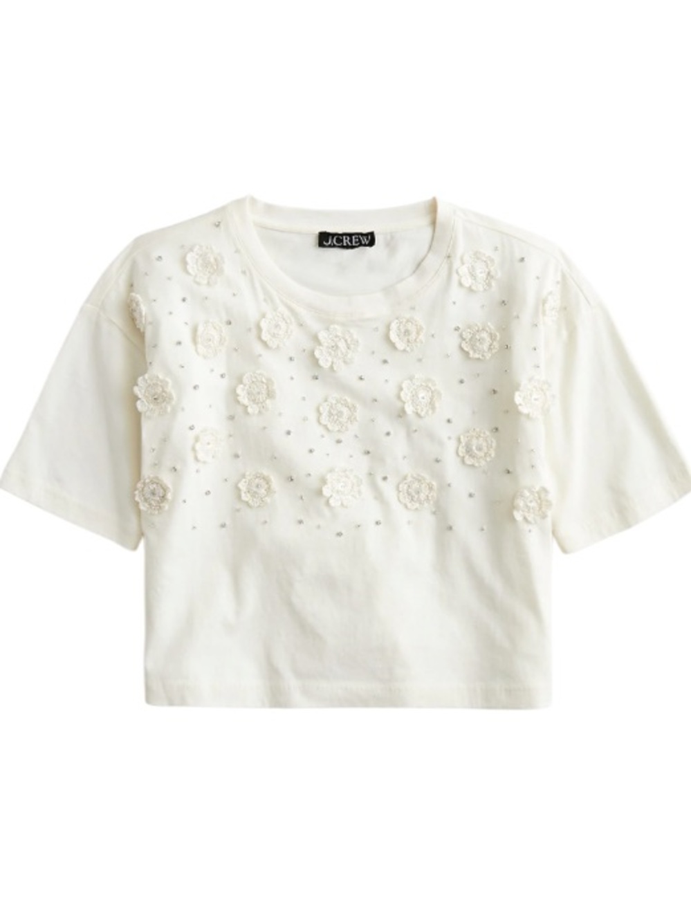 NWT J. Crew Ivory Cropped T-Shirt with detailed crochet floral appliqués. Size L